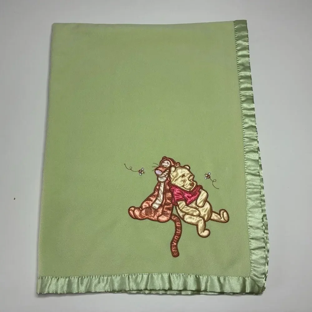 Vintage Disney Baby Winnie the Pooh Tigger Blanket Green Fleece Satin Sleeping